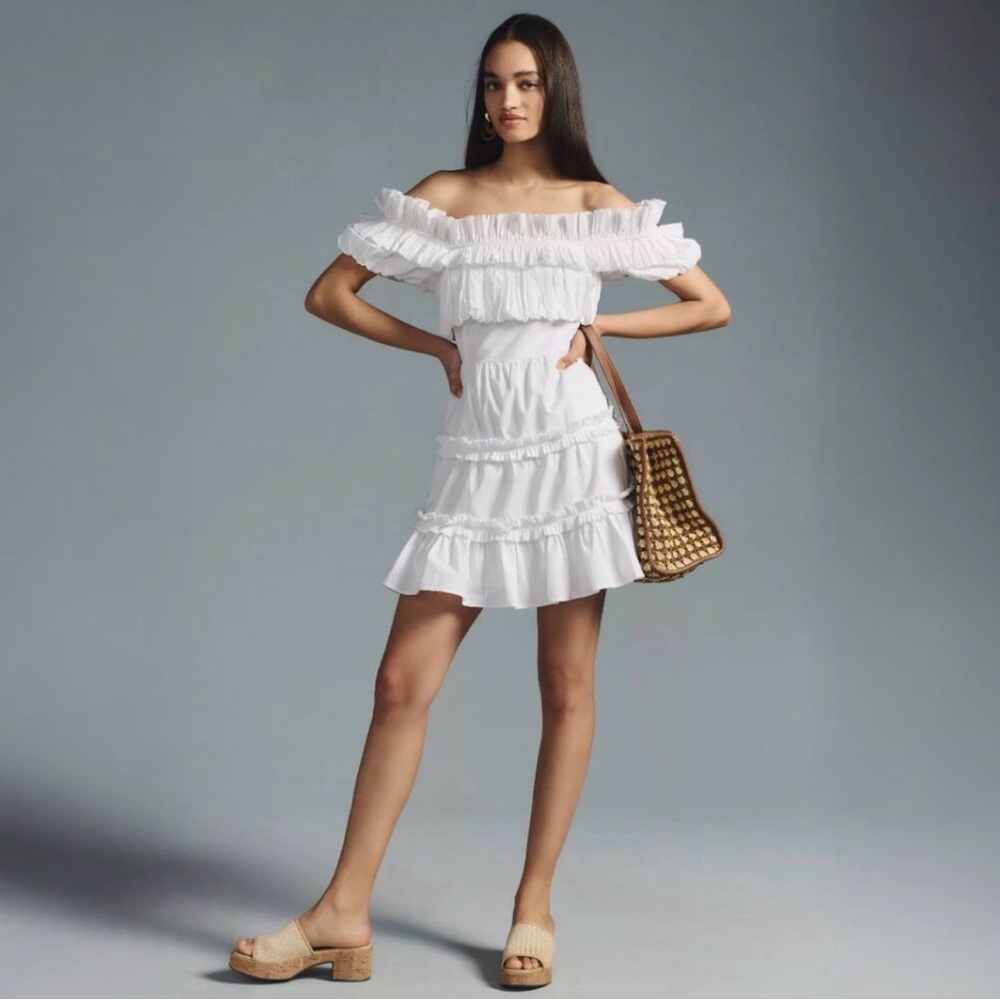 NWT Anthropologie Love The Label White Cotton Tiered Ruffle Mini Dress Size L